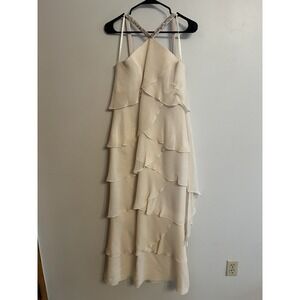 Daymor Couture 3451 Ivory Beaded Halter Tiered Sheath Evening Dress Shawl Size 6